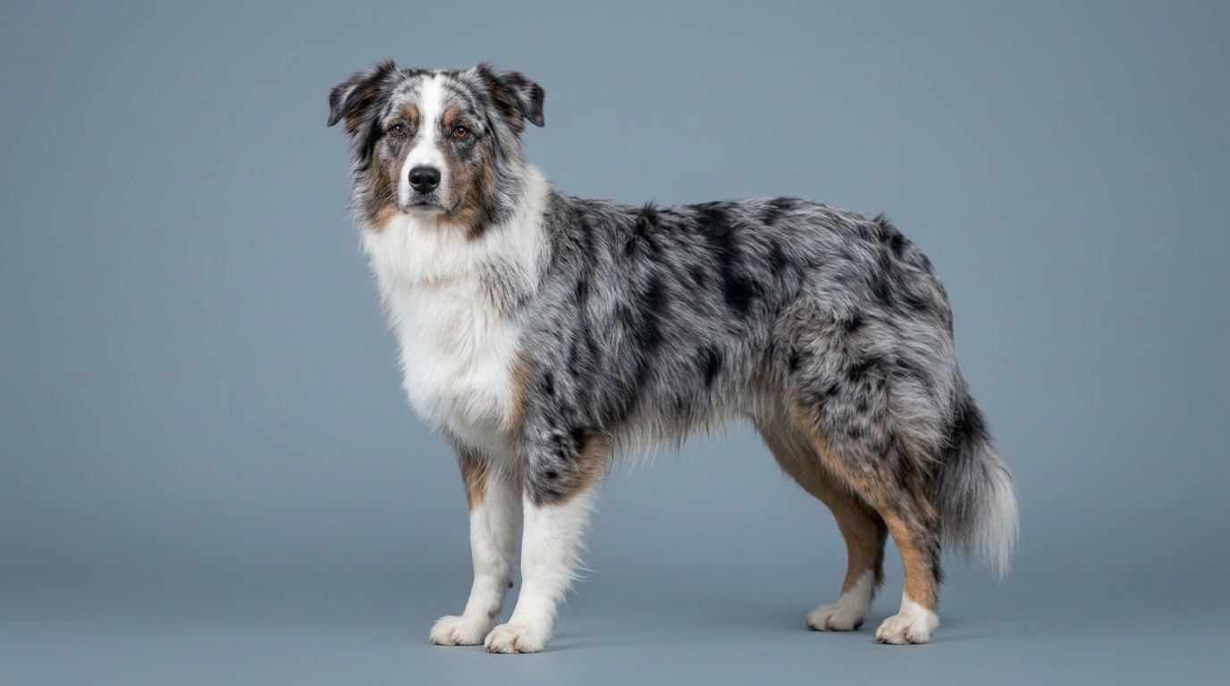 Blue-Merle Australian Shepherd steht im Profil vor blaugrauem Hintergrund