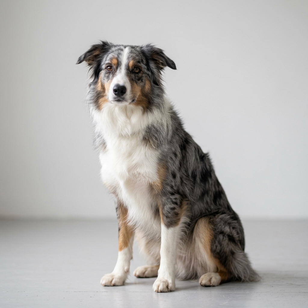 Blue-Merle Border Collie sitzt vor hellem Hintergrund
