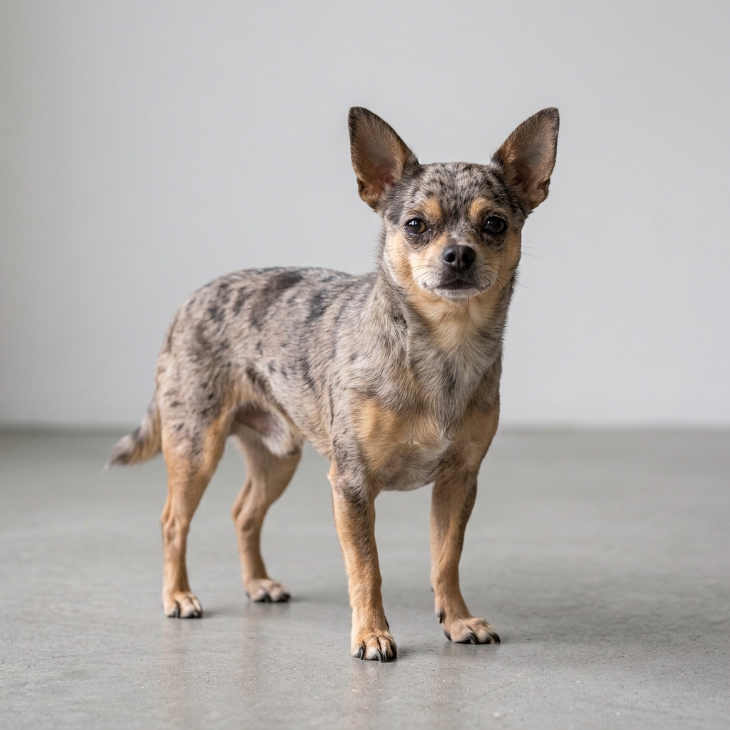 Chihuahua mit Merle-Zeichnung steht vor hellem Hintergrund