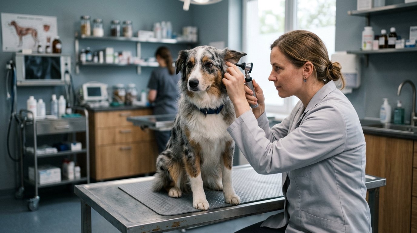 Tierärztin untersucht mit einem Otoskop das Ohr eines Blue-Merle-Hundes auf dem Behandlungstisch